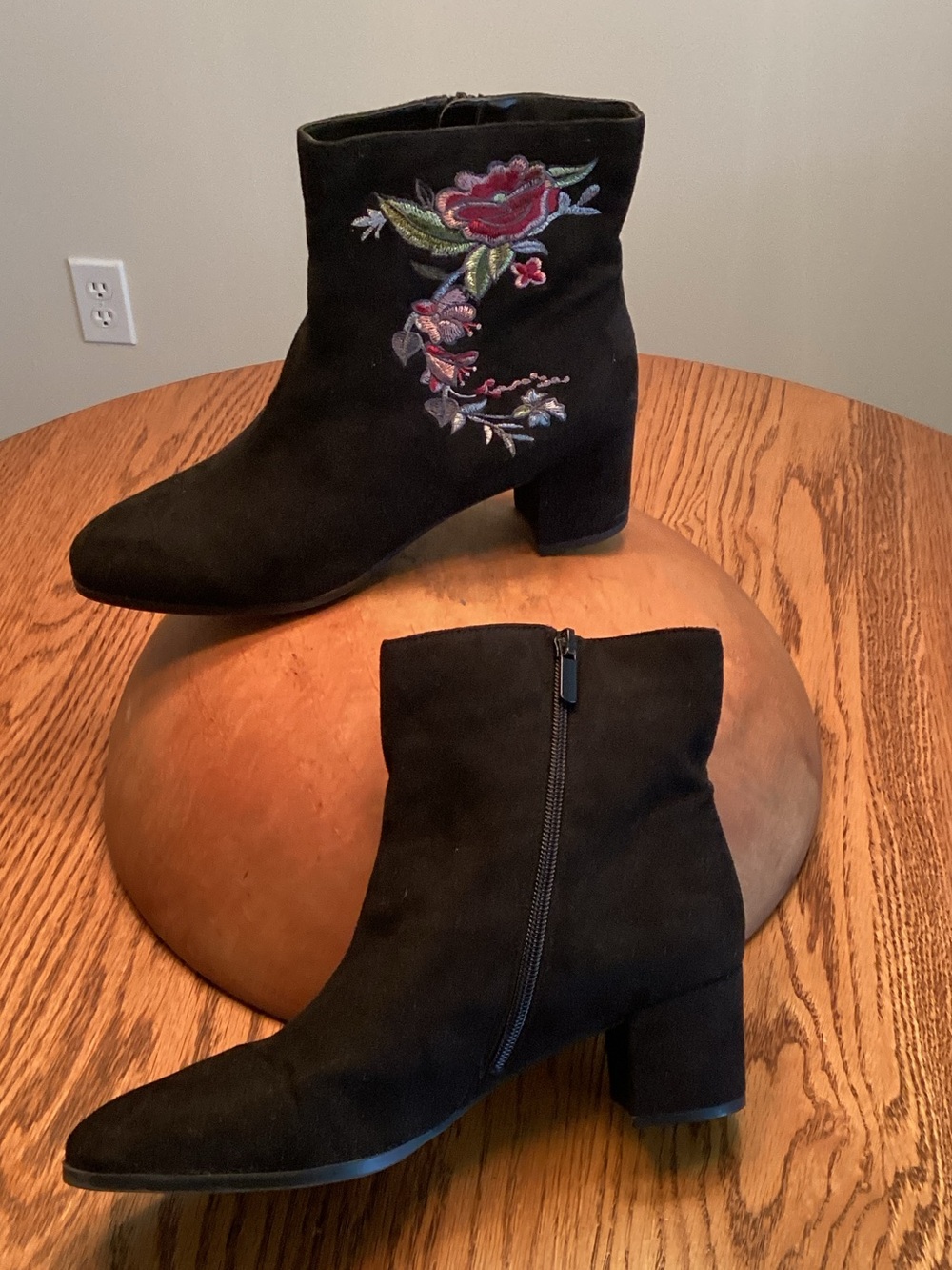 Impo Black Suede Ankle Boots with Floral Embroidery